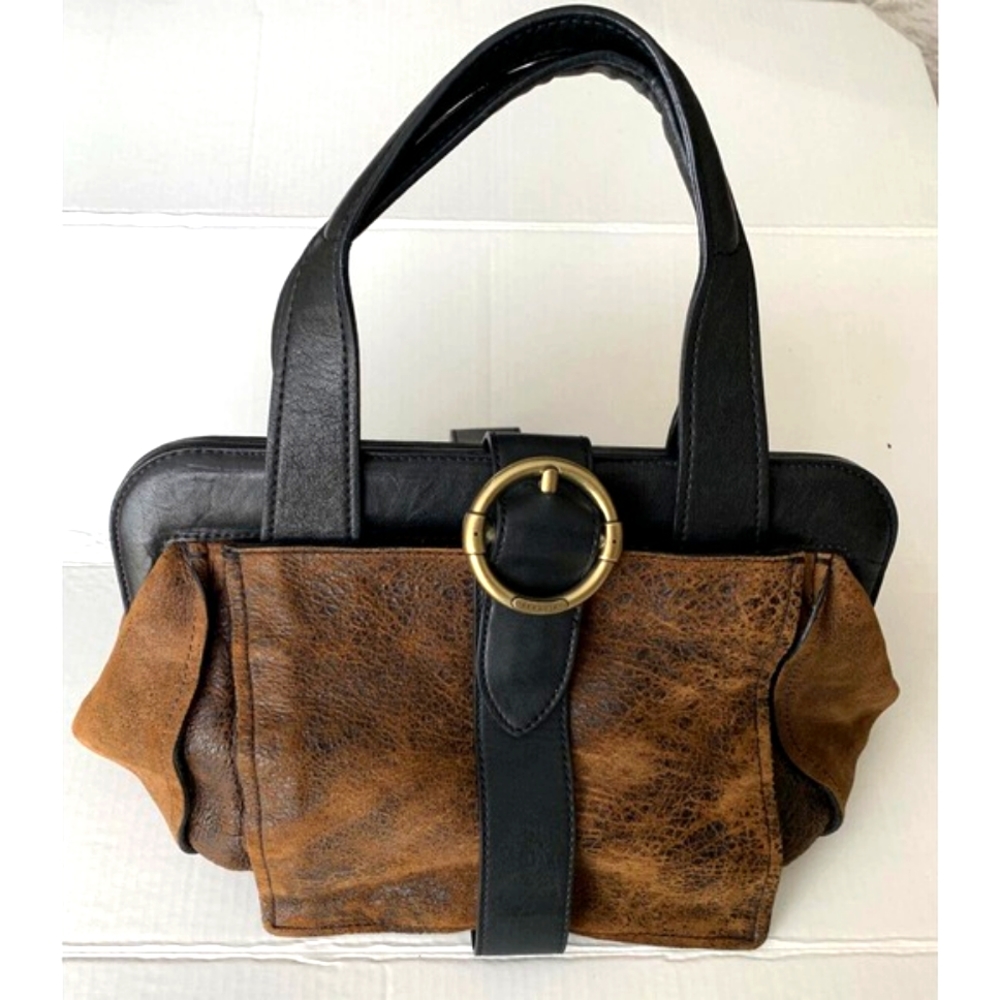 SEQUOIA Marbled Brown Faux Leather Clamshell Shoulder Bag Purse Handbag Large